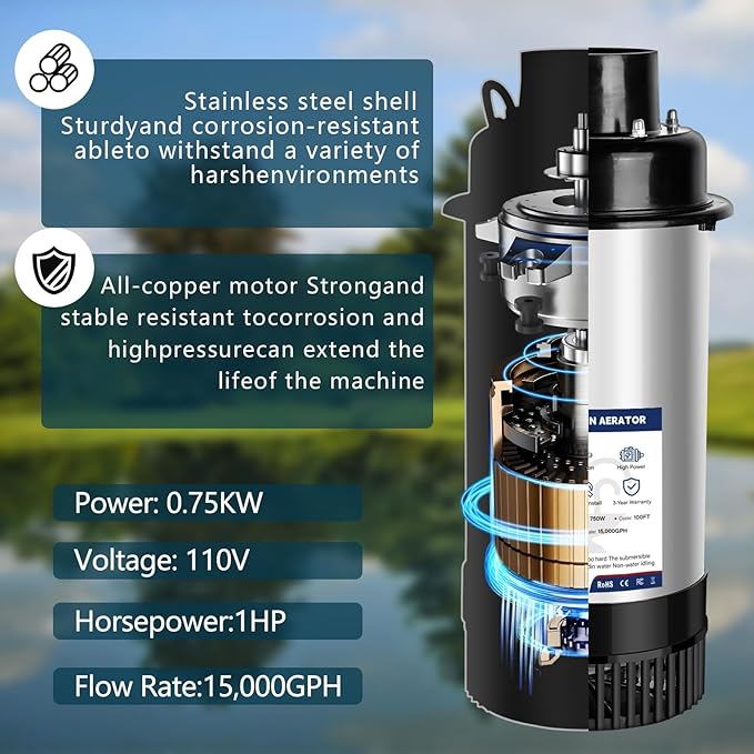Pond Fountain Aerator Pond Fountain - 1 HP 15,000 gallons/hour 750 watts - pond aerator equipped with 100-foot power cord and multi-function timer Suitable for large ponds and lakes