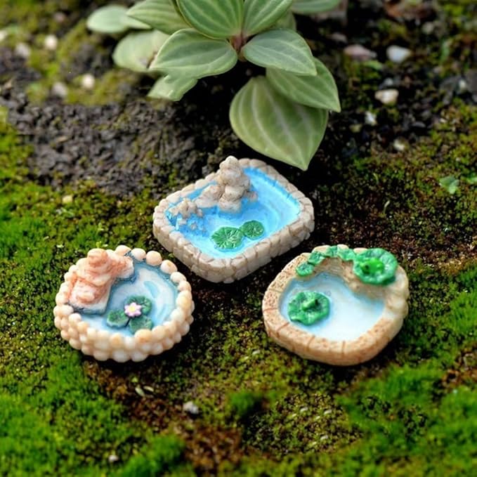 Miniature Fairy Garden Decor Set - Weather-Resistant Resin Lotus Pond and Lighthouse Sculptures with Water Well and Bridge, Outdoor Miniature Landscape Ornaments for Patio, Pond and Lawn