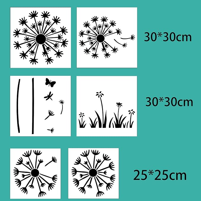 Large Dandelion Flower Stencils, 6Pcs 12x12Inch Dandelion Stencils for Art Crafts Painting Garden Fence Stencil Templates Painting on Wall Wood