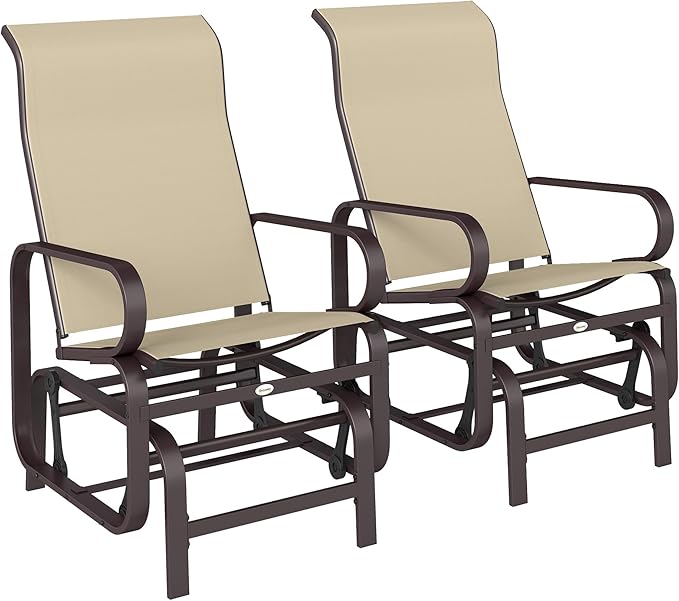 Outsunny Outdoor Glider Chair Set of 2, Gliders for Outside Patio with Smooth Gliding Mechanism and Lightweight Construction for Backyard, Khaki