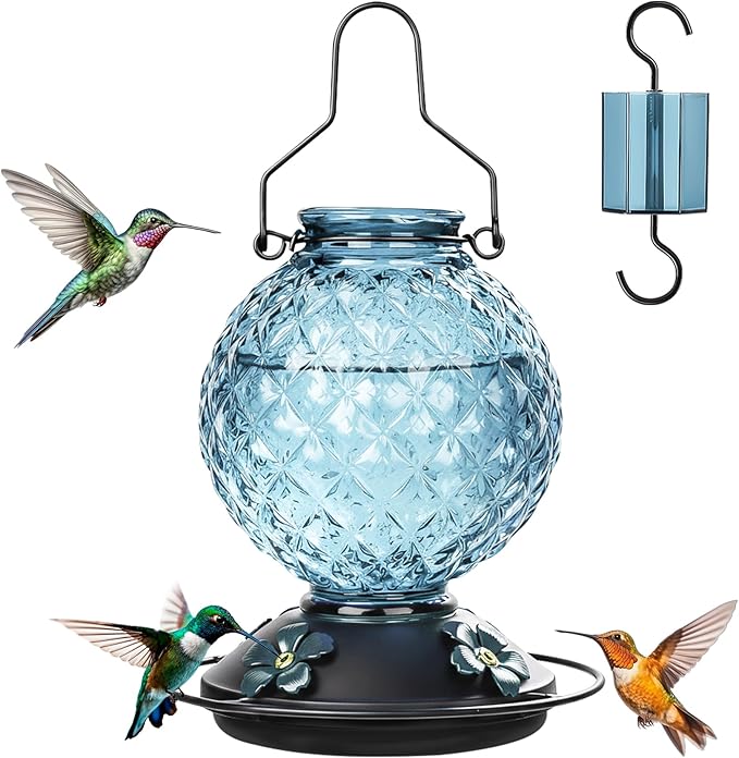 Glass Hummingbird Feeder for Outdoors Hanging, 25 OZ Humming Bird Nectar Feeder with 4 Bee Guard Feeding Ports & Built-in Ant Moat, Bird Feeder for Outside, Gifts for Women Mom, Blue