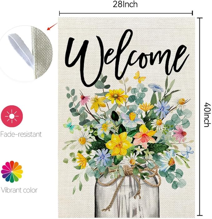 CROWNED BEAUTY Spring Floral House Flag Mason Jar 28x40 Inch Double Sided Large Burlap Holiday Flag for Outside Yard Welcome CF1377-40