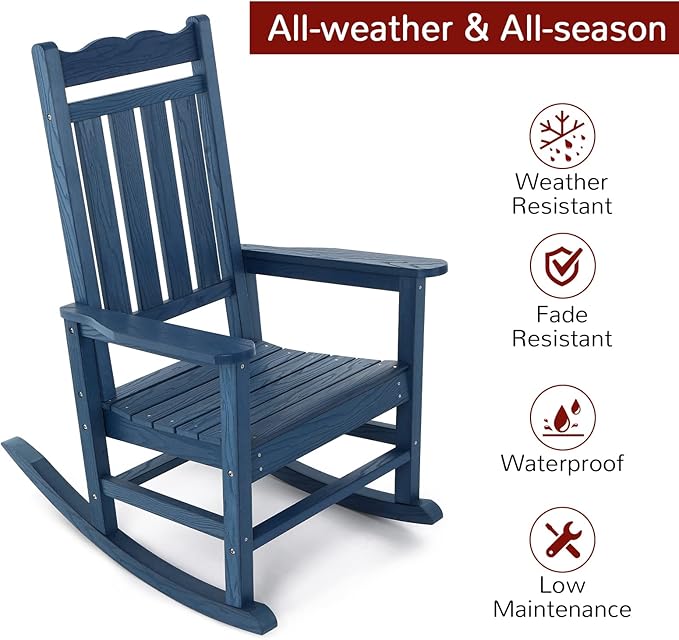 Stoog All-Weather Patio Rocking Chairs Set of 2 with Table, 3 Piece Patio Furniture Set, Never Fade or Rot, for Backyard, Lawn, Garden and Pool, Blue