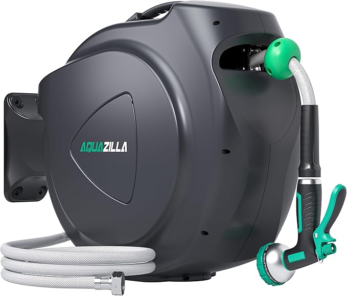 Retractable Garden Hose Reel, 65FT +6FT 5/8" Durable Wall Mounted Water Hose Reel with 180° Swivel Bracket, 9 Pattern Sprayer, 6Ft leader hose,Smooth Automatic Rewind, Any Length Lock.
