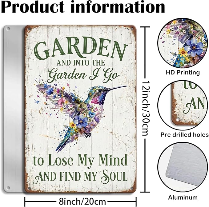 Vintage Hummingbird Garden Tin Sign - "Into The Garden I Go" Inspirational Quote - 8x12 Aluminum Floral Bird Wall Art - Rustic Farmhouse Patio Decor - Metal Sign Perfect Gardening Gift for Shed, Mom, Grandma