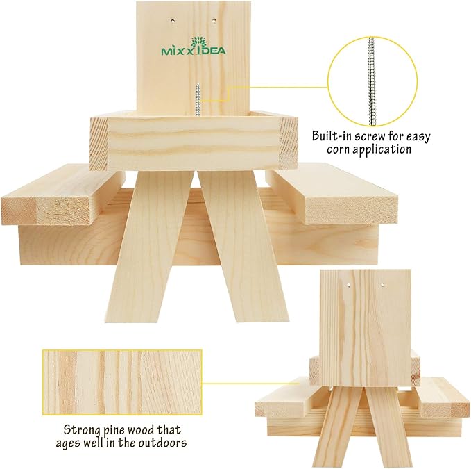 MIXXIDEA Squirrel Feeder Table with Umbrella, Wooden Squirrel Picnic Table Feeder, Sturdy Squirrels Feeder Corn Cob Holder, with Solid Structure and 2 x Thick Benches(1pk)