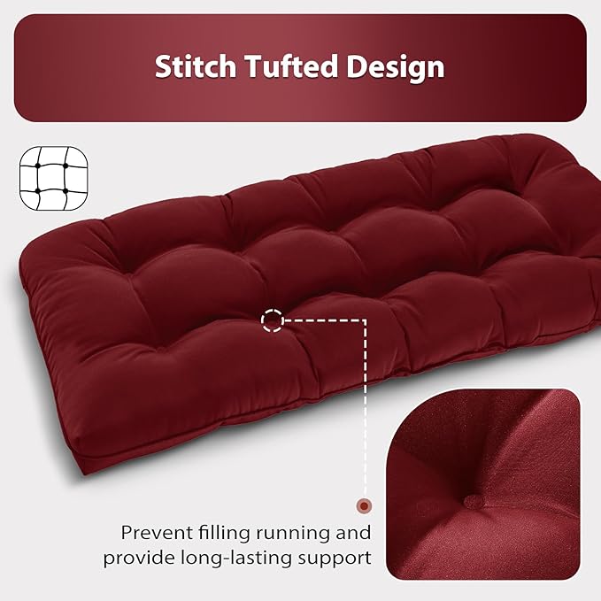Tufted Bench Cushions for Outdoor Furniture, 44" x 19" Porch Swing Cushions Filled with Foam, Overstuffed Patio Cushions for Bench Loveseat with 2-3 Seats,Thick and Water Resistant, Burgundy