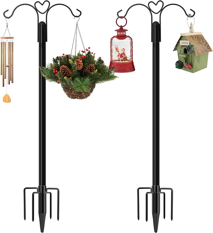 XDW-GIFTS Shepherds Hooks for Outdoor, 2-Pack 60 Inch Heavy Duty Bird Feeder Pole, Garden Pole for Hanging Plants, Lantern, Hummingbird Feeder, Hanging Plant Stand with 5 Base Prongs