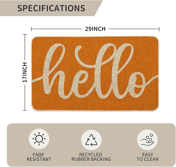 Artoid Mode Orange Hello Fall Doormat, Autumn Home Decor Low-Profile Switch Rug Door Mat Floor Mat for Indoor Outdoor 17x29 Inch