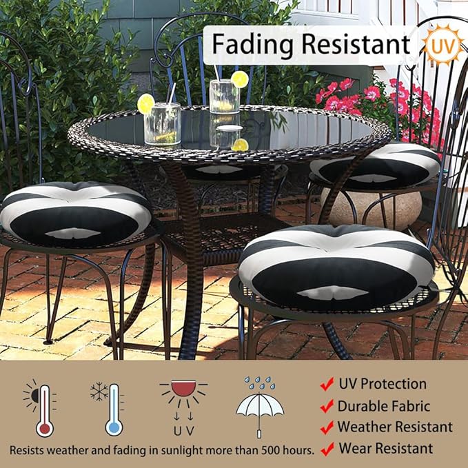 Magpie Fabrics Outdoor Round Bistro Seat Cushions with Ties, 15"x15"x4" Set of 2, Tufted Waterproof Barstool Chair Pads for Patio Home Garden Office, Black White