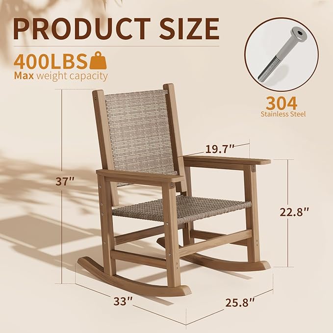 Rocking Chair Outdoor 1 PCS, Wicker Rocking Chair for Outside, Woven Seat & Back, All Weather Ratten Outdoor for Porch, Garden, Lawn, and Balcony (Brown)