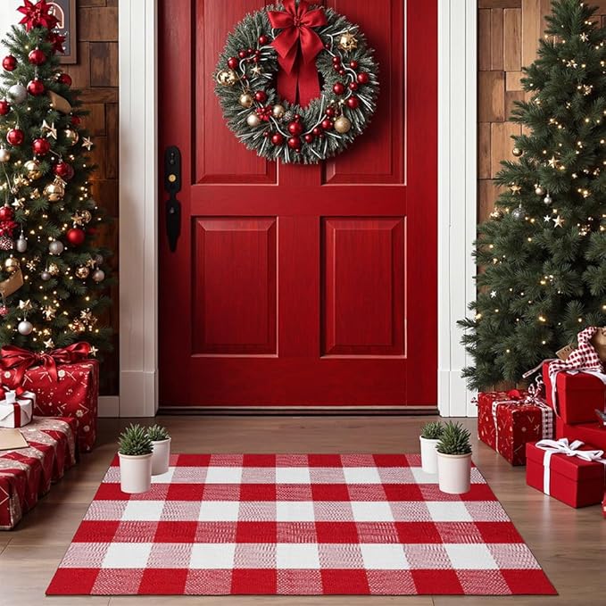 MUBIN Christmas Door Mat Outdoor 27.5 x 43 Inch Red White Plaid Plaid Rug Christmas Decor Rug Cotton Hand-Woven Layered Door Mats Washable Carpet for Front Porch, Kitchen, Farmhouse, Entryway
