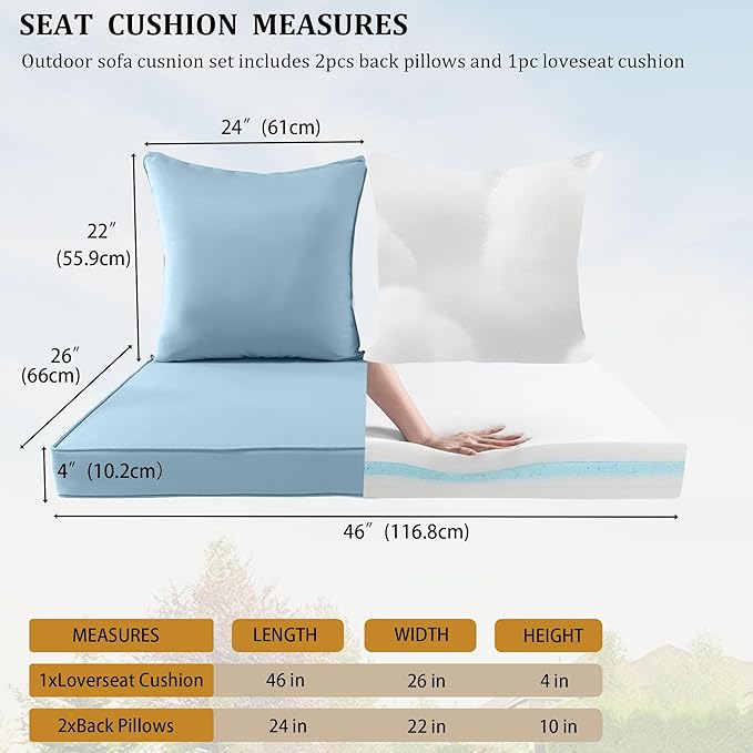 Outdoor Loveseat Cushion Set for Patio Couch/Sofa, 46 x 26 Inch Waterproof & Fade Resistant Patio Furniture Chiar Cushions with Removable Cover (Sky Blue, 46''Lx26''Wx4''H-Loveseat Cushion Set)