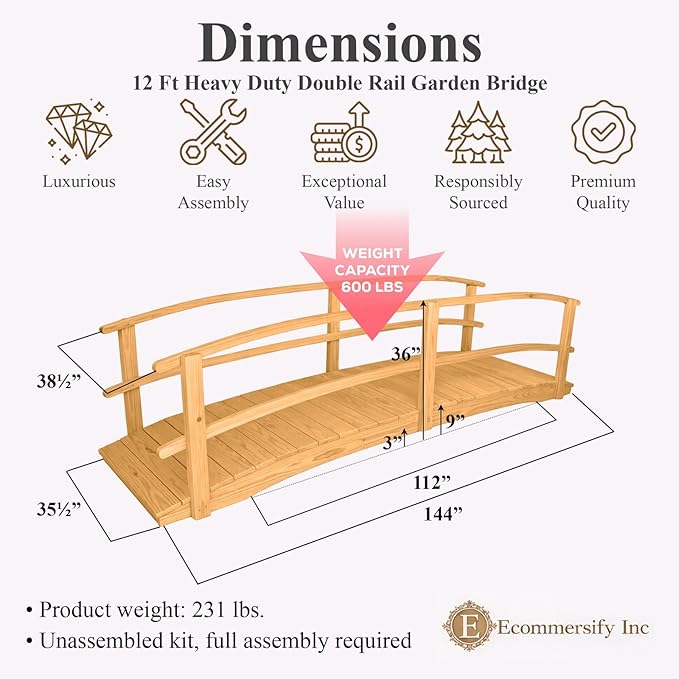 12 FT Oak Amish Made Garden Bridge with Double Rails for Walkway, Backyard Pond & Landscaping, Outdoor Wooden Footbridge for Koi Pond, Japanese Style Decorative Bridge, Made in USA