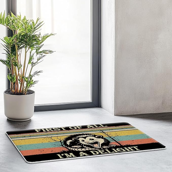 JINYO Funny Opossum Door Mat, First of All I'm a Delight Possum Outdoor Indoor Door Mats for Home Entrance Entryway, Funny Welcome Mats, Opossum Gifts, 17x30 Inch