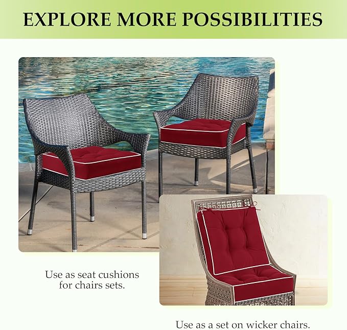 HARBOREST Outdoor Chair Cushions Set of 2, Tufted Patio Chair Cushions with Ties, Square Corner Outdoor Cushions for Patio Furniture, Lawn Chairs, Wicker Chairs, 17" x 17" x 5", Burgundy