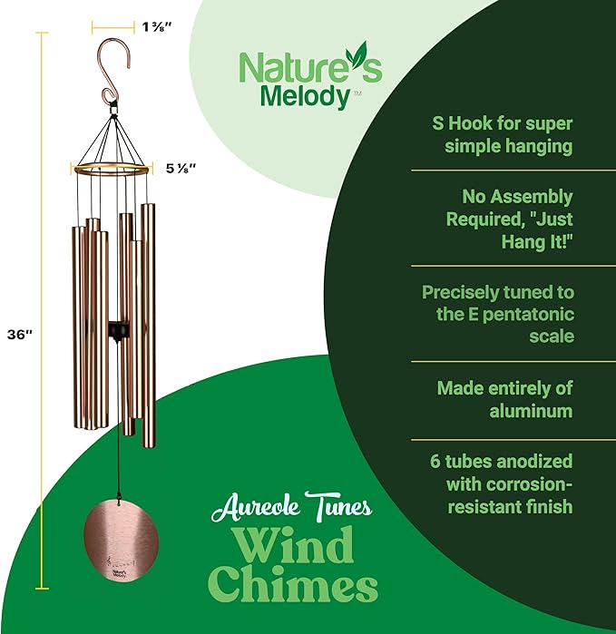 Nature’s Melody Aureole Tunes Wind Chimes – Outdoor Windchime with 6 Tubes Tuned to E Pentatonic Scale, 100% Rustproof Aluminum, Powder Finish & S Hook Hanger for Sympathy, Memorial Gift or Zen Garden