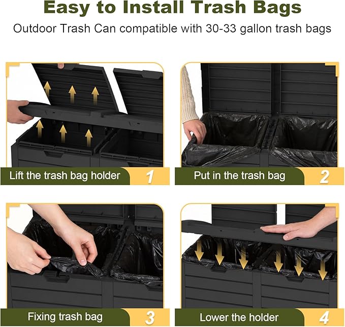 Outdoor Trash Can with lid, Waterproof, UV-Resistant Resin Garbage Can, Lockable Lid and Drip Tray, Animal-Proof, for Patio, Kitchen, Backyard and Deck (Black, 76 Gallon)