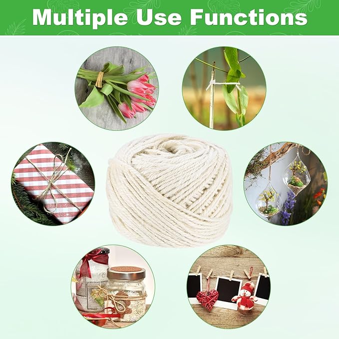 2-Pack Natural Jute Twine String, 3mm x 328ft/100m Long Garden Twine Balls for Crafts/Gift Wrapping/Gardening Plants, Durable Plant Ties Thick Rope [White]