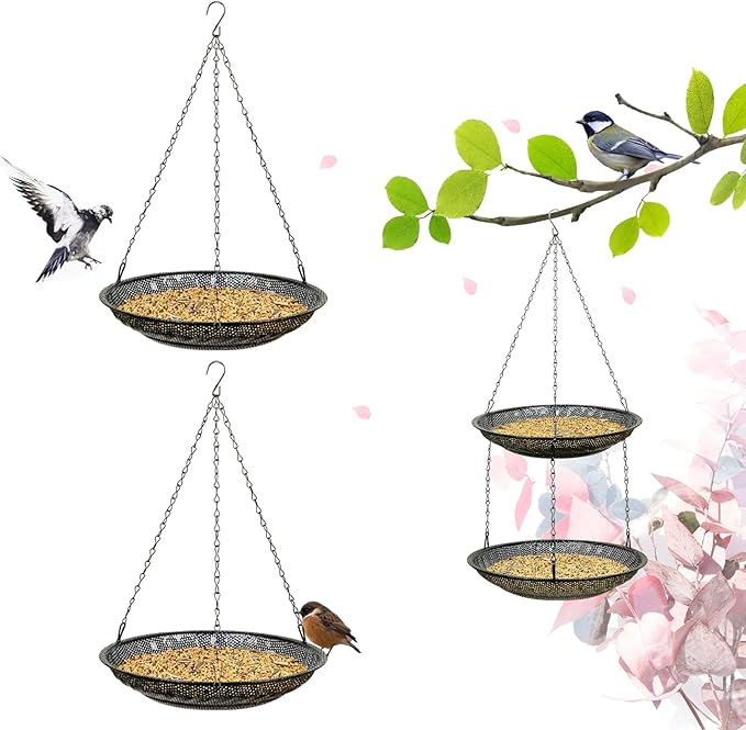 Premium Hanging Bird Feeder Tray(2 Set),Size 11.8” Large Platform Bird Feeder Metal Mesh Tray,Wild Bird Feeder for Outside Hanging Seed Platform,Combinable Style to Double Layer