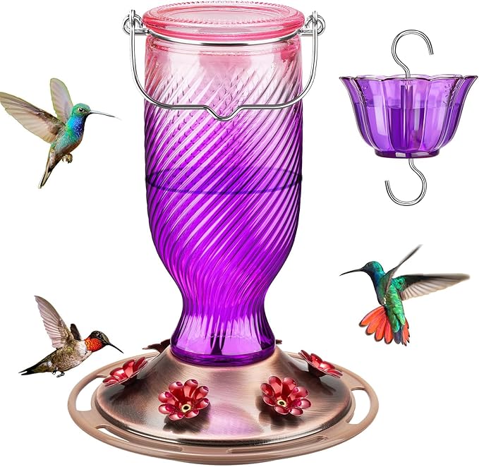 Kingsyard Glass Hummingbird Feeders for Outdoors, 24 oz Hummingbird Nectar Feeder for Outdoors Garden Yard D�cor, 6 Feeding Ports, Ant Moat Included, Easy to Clean & Refill, Purple