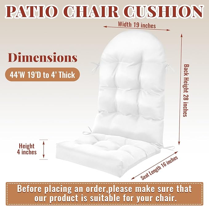 Geelin 6 Pcs Adirondack Chair Cushion High Back Patio Chair Cushion 44 x 19 x 4 Inch Tufted Weather Resistant Fade Resistant Seat Rocking Chair Cushion for Patio Rocking Chair Cushion Seat (White)