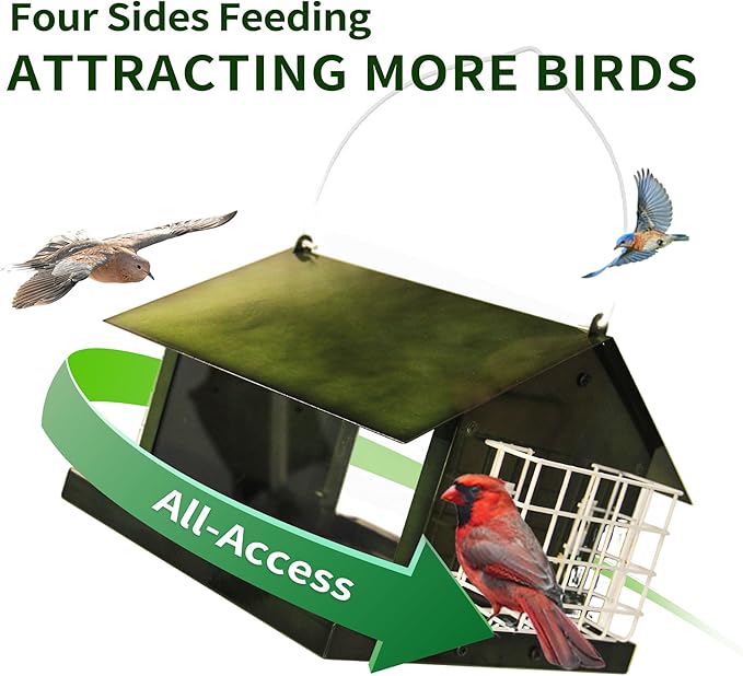 Solution4Patio Bird Feeders for Outdoors Hanging, All Metal, Double Suet Cake and Large Capacity, Hopper Tray & Weatherproof for Finch, Cardinal & Chickadee (Green)