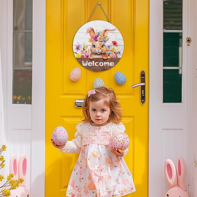 Easter Decorations for Front Door: Spring Wreath Bunny 3D Welcome Sign for Wall Decor Rabbit Wreaths Hanging