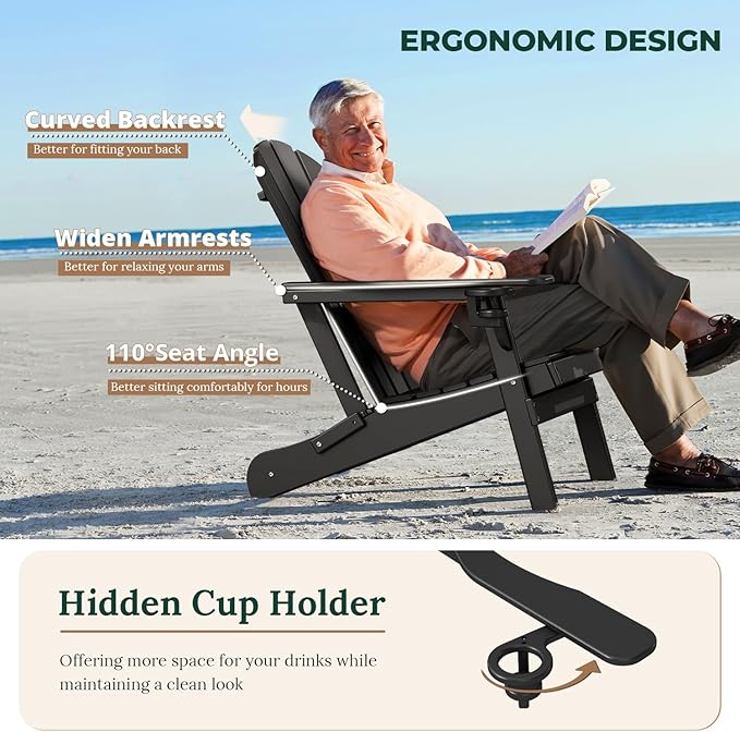 BRIOPAWS Folding-Adirondack-Chairs Set of 4 | HDPE Plastic | Fire Pit Chair | Cup Holder | Curved Back | All Weather | for Outdoor Backyard Deck Patio | Black