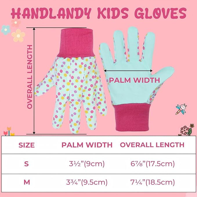 HANDLANDY 4 Pairs Kids Gardening Gloves, Girls Boys Children Garden Work Play Gloves (Pink Dot, Medium)