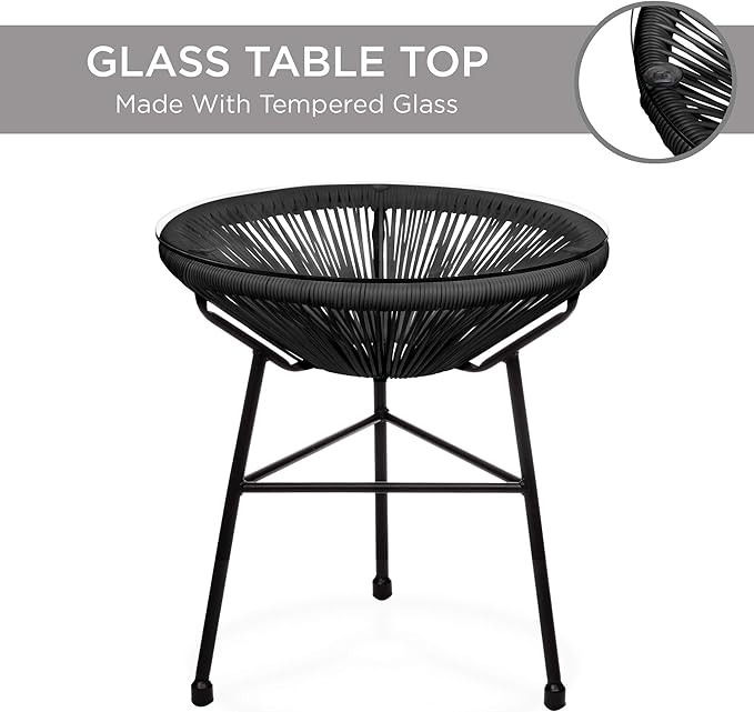 Best Choice Products 3-Piece Outdoor Acapulco All-Weather Patio Conversation Bistro Set w/Plastic Rope, Glass Top Table and 2 Chairs - Black