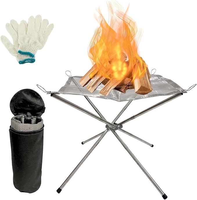BeGrit Portable Fire Pit for Camping, 22" Wood Burning Fire Pits for Outdoor, 304 Stainless Steel Mesh Firepit for BBQ, Bonfire, Backyard, Garden, Patio (with Carrying Bag & Gloves)