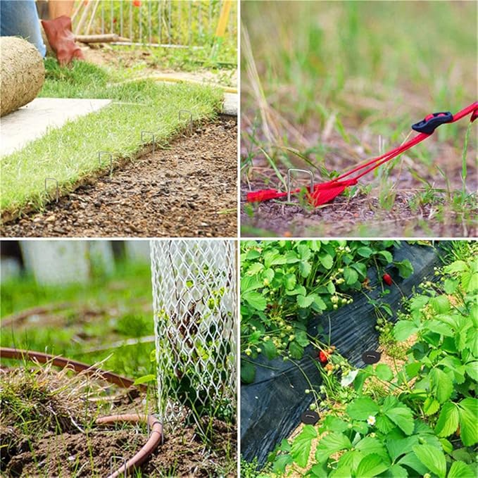 Garden Pegs Pins Gardening Stakes Landscape Staples Ground Anchor Peg U Shape Steel Nail Pins for Artificial Grass Sod Weed Membrane Grass Fabric Netting, 15 Pack