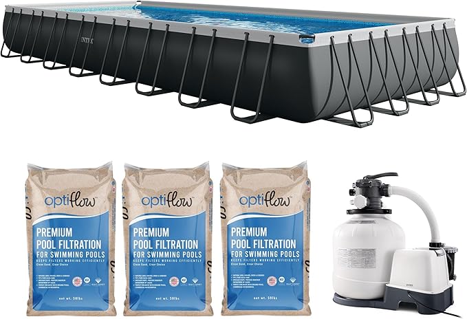Intex 26377EH Ultra XTR 32ft x 16ft x 52in Above Ground Swimming Pool Set with Sand Filter Pump and OptiFlow 50lb Premium Filter Sand (3-Pack)