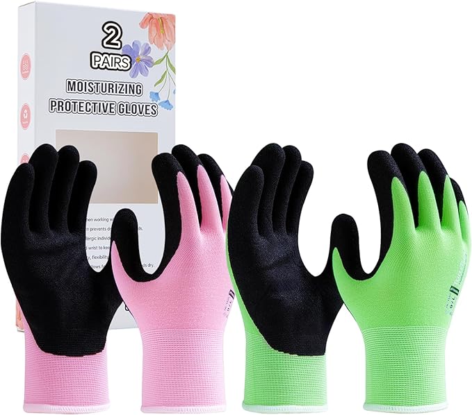 HandLove 2 Pairs Gardening Gloves for Women-Moisturizing Durable Work Gloves.Latex-free Sandy Nitrile Coated for Yard Garden,Touchscreen Friendly Protective Work with Grip,Medium,Pink&Green