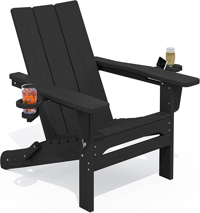 SERWALL Adirondack Chair with Dual Cup Holders, Folding Modern Adirondack Chair, HDPE Outdoor Fire Pit Chair for All Weather Using, Black