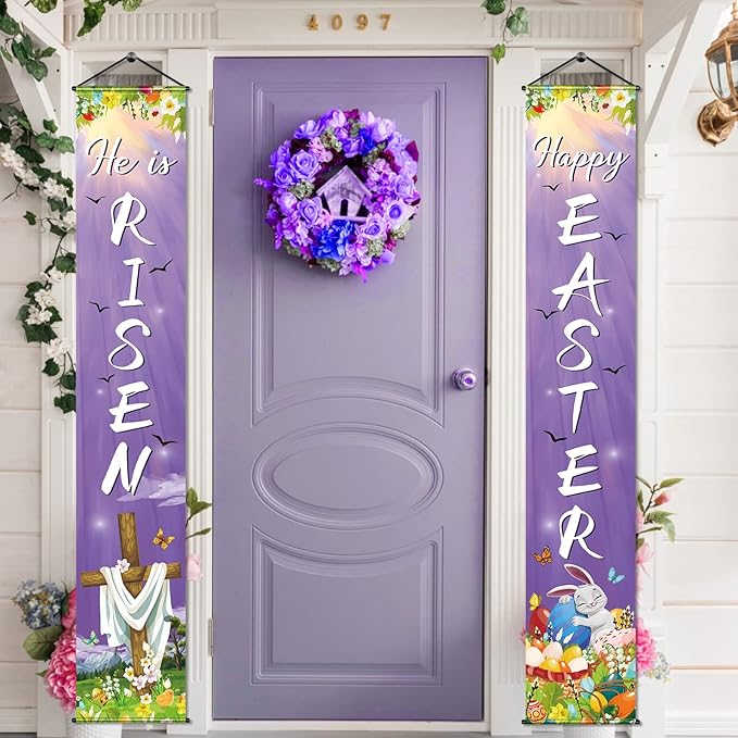 Happy Easter He Is Risen Porch Sign Banner Happy Easter Door Banners Hanging Decorations for Home Outdoor Indoor Wall Front Door Decor, 2 Pcs