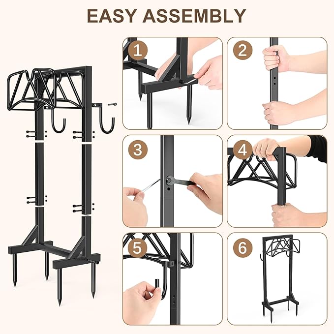 Heavy Duty Freestanding Hose Stand, Garden Water Hose Holder Rack with Tool Hooks, 4 Anchoring Spikes, Holds 150 ft for Lawn & Yard