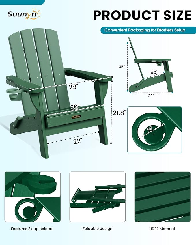 Folding Adirondack Chair, HDPE All-Weather Fire Pit Chairs, Plastic Adirondack Chairs with 2 Cup Holder, Outdoor Lawn Chair for Patio Garden (Green)