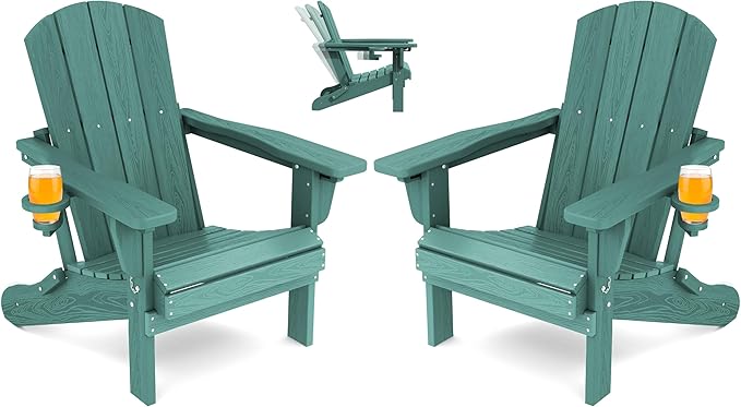 SERWALL Folding Adirondack Chair Set of 2, Adjustable Adirondack Chair with 3 Recline Positions, All Weather HDPE Outdoor Adirondack with Cup Holders, Light Green