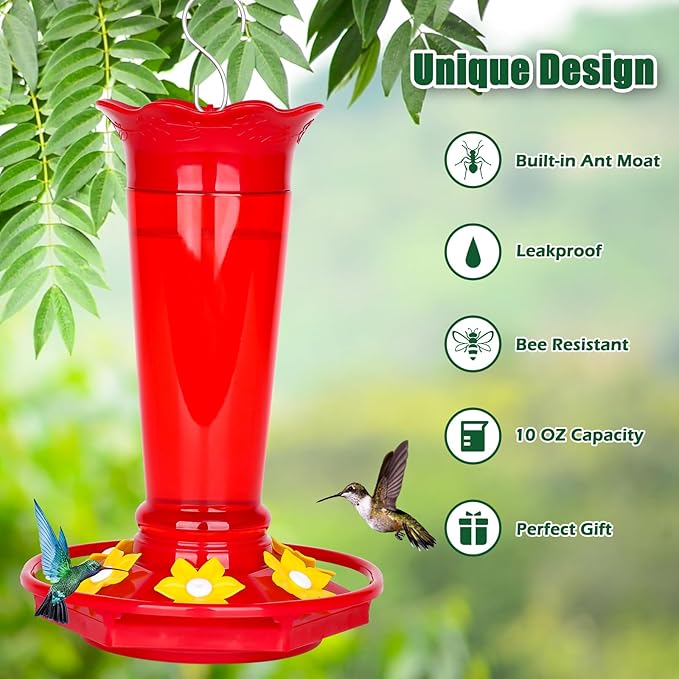 FEED GARDEN 10oz Plastic Hummingbird Feeders for Outdoors - 1 Pack Red, Ant & Bee Proof, 6 Feeding Ports, Easy Clean Red Nectar Feeders for Outside Hanging, Gifts for Christmas, Mom