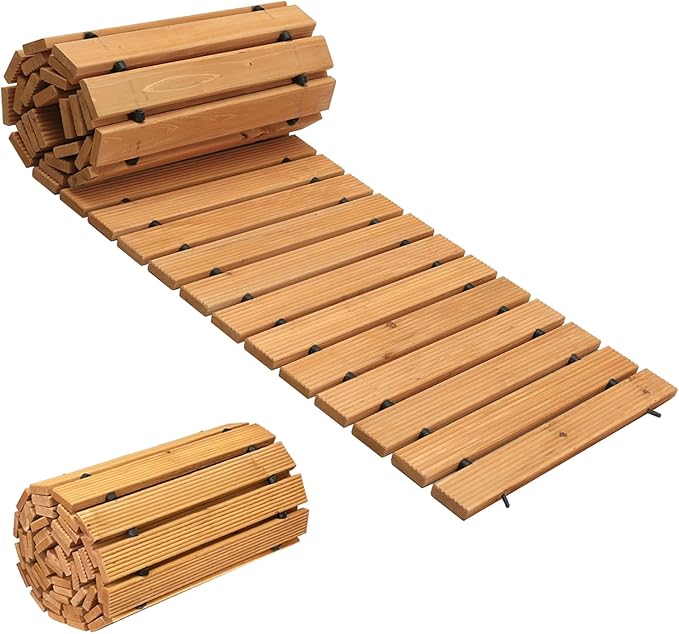 LINSHRY 8FT Wooden Garden Pathway, Outdoor Roll Out Decorative Garden Walkway, Weather-Resistant Non-Slip Wooden Walkway Pavers for Backyard, Beach, Wedding Party Paths