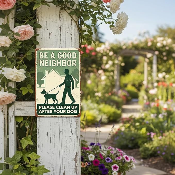 Polite Dog Poop Tin Sign - "Be A Good Neighbor Please Clean Up After Your Dog" Vintage Metal Yard Sign - 8x12 Aluminum Plaque for Lawn, Garden, HOA - Metal Sign Aesthetic Reminder