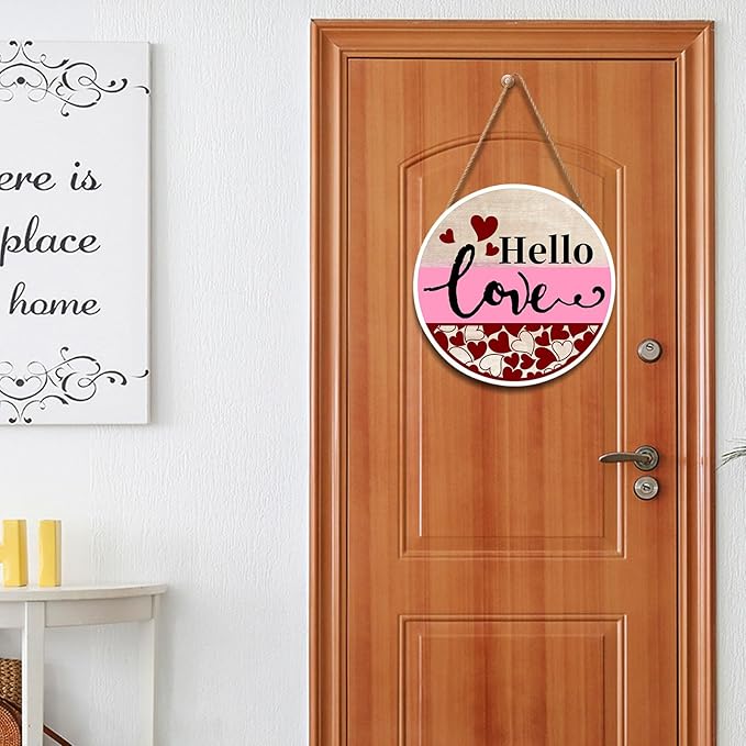 Valentine's Day Hello Love Door Sign For Front Door Decor,Red Heart Wooden Sign 12"x 12" Round Wood Hanging Door Sign Valentines Decoration for Wall Rustic Farmhouse Porch Decor