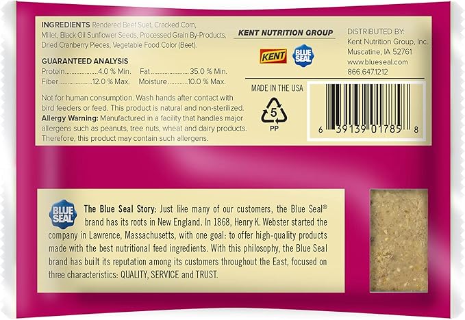 Blue Seal Cranberry Snap Suet Cakes for Wild Birds - No Mess Feed, Food for Woodpeckers, Cardinals, Siskins, Sparrows & More - 11oz Suet Feeder, Bird Seed Cakes (Pack of 12)