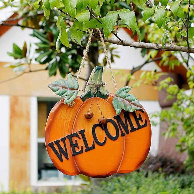 Wood Pumpkin Welcome Sign Fall Front Door Decor, Rustic Hanging Welcome Door Sign for Autumn Harvest Thanksgiving Halloween Door Wall Decoration Indoor Outdoor Fall Decor for Home 9.75"X9.5"