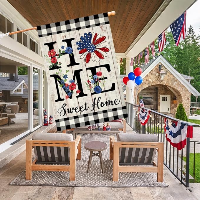 ORTIGIA Memorial Day Patrioctic House Flag Burlap Vertical Double Sided 4th of July Independence Day Home Sweet Home Large House Flag Yard Outside Outdoor Decor 28x40 Inch