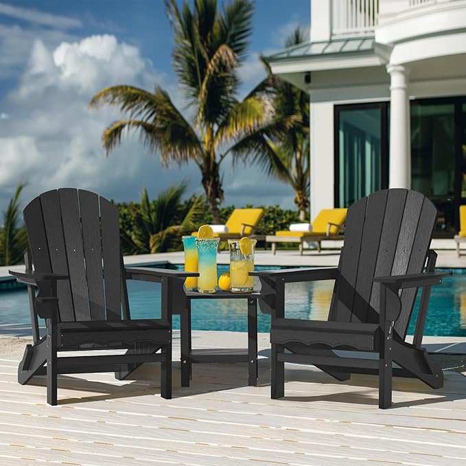 Folding Adirondack Chair, HDPE Plastic Black Adirondack Chairs Weather Resistant, Oversized Outdoor Fire Pit Chairs with Cup Holder and Umbrella Hole for Patio Garden, Lawn and Poolside