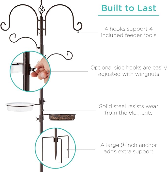Best Choice Products 91in 4-Hook Bird Feeding Station, Steel Multi-Feeder Kit Stand for Attracting Wild Birds w/ 2 Bird Feeders, Mesh Tray, Bird Bath, 4-Prong Base - Bronze