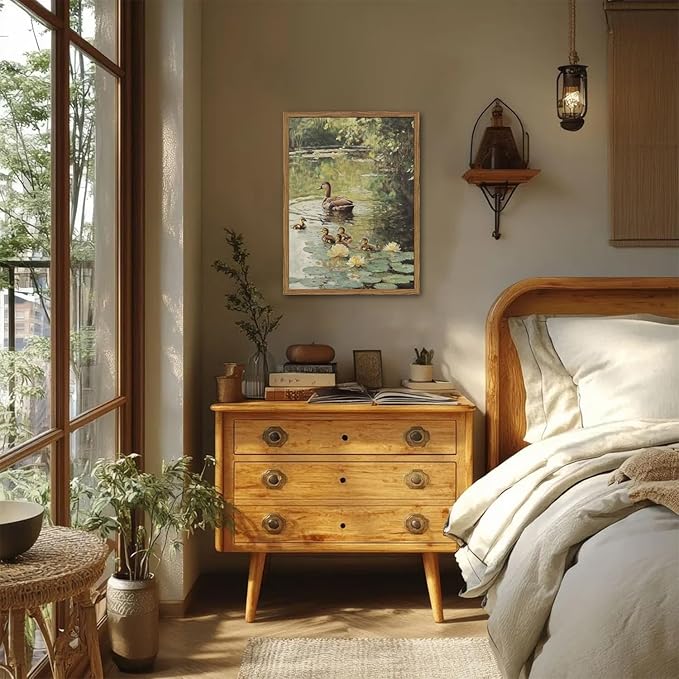 Framed Vintage Duck Canvas Wall Art, Rustic Farmhouse Animal Family Pictures Wall Decor, Country Nature Pond Paintings Prints Cottagecore Home Decor for Living Room Bedroom Bathroom 8x10 inch